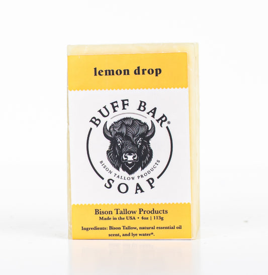 Buff Bar All Natural Soap packaging featuring the Lemon Drop Fragrance with a bison illustration on a white background.