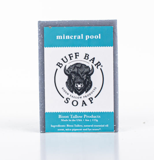 Buff Bar All Natural Soap packaging featuring the Mineral Pool Fragrance with a bison illustration on a white background.