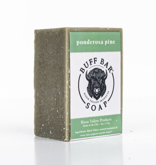 Buff Bar All Natural Soap packaging featuring the Ponderosa Pine Fragrance with a bison illustration on a white background.