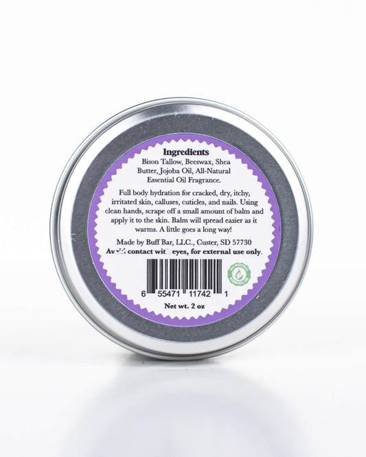 Buff Bar All-natural body balm in a tin and label featuring the Lavender Mint fragrance and the Buff Bar Bison illustration. The tin is on a white background.