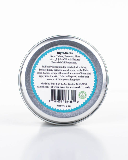 Buff Bar All-natural body balm in a tin and label featuring the Mineral Pool fragrance and the Buff Bar Bison illustration. The tin is on a white background.