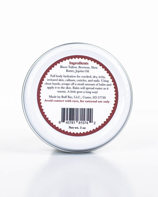 Buff Bar All-natural body balm in a tin and label featuring the Unscented fragrance and the Buff Bar Bison illustration. The tin is on a white background.