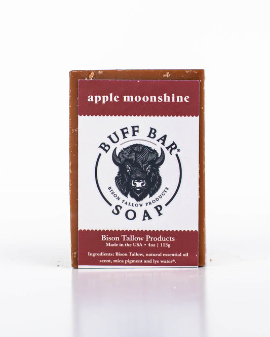 Buff Bar All Natural Soap packaging featuring the Apple Moonshine Fragrance with a bison illustration on a white background.