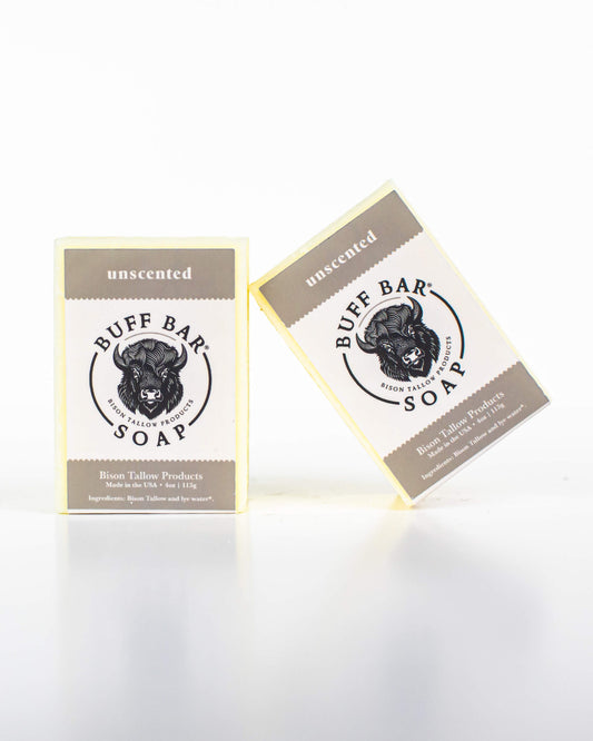 Buff Bar All Natural Soap packaging featuring the Unscented Fragrance with a bison illustration on a white background.