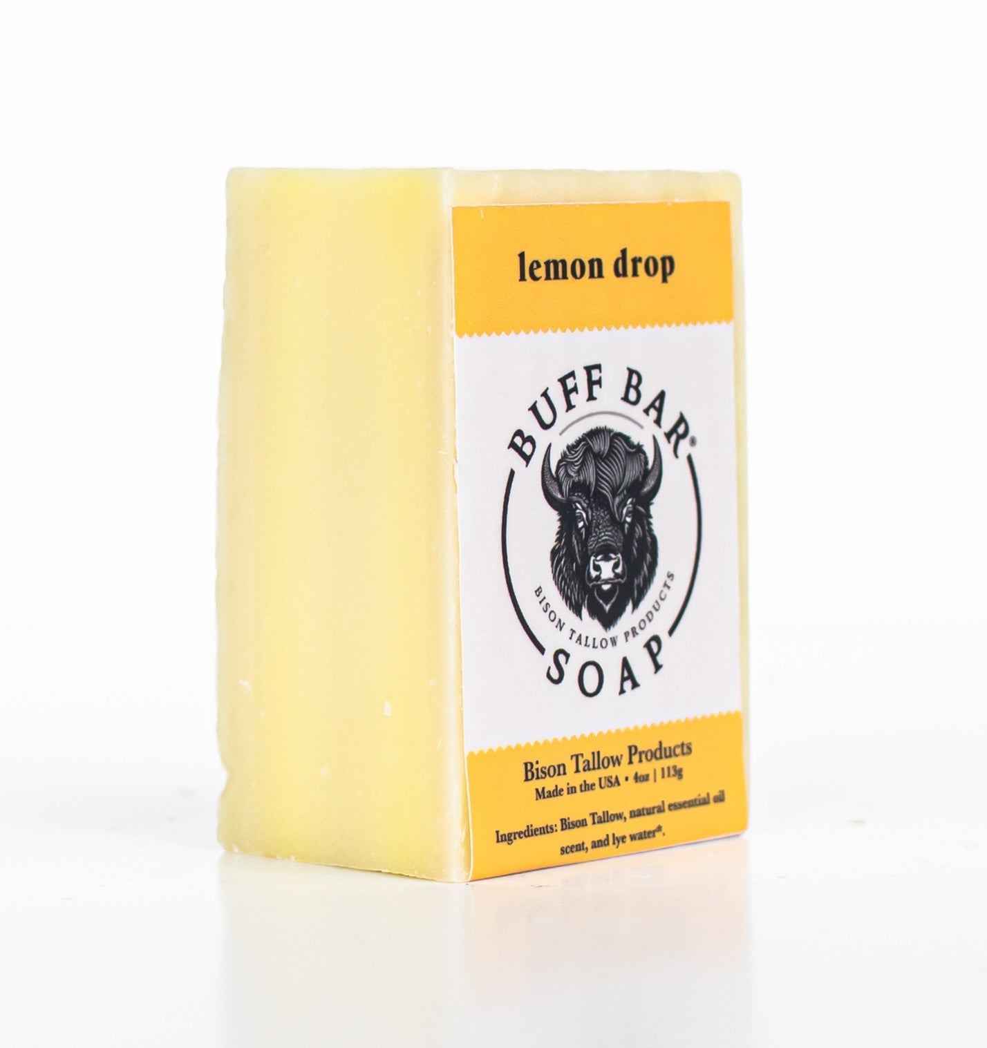 Buff Bar All Natural Soap packaging featuring the Lemon Drop Fragrance with a bison illustration on a white background.