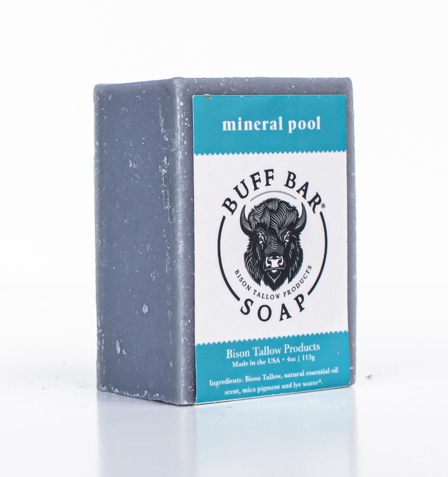Buff Bar All Natural Soap packaging featuring the Mineral Pool Fragrance with a bison illustration on a white background.