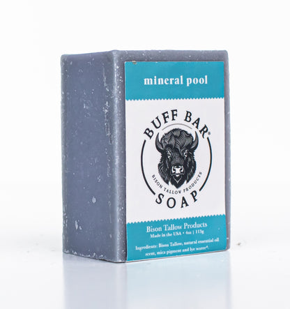 Buff Bar All Natural Soap packaging featuring the Mineral Pool Fragrance with a bison illustration on a white background.