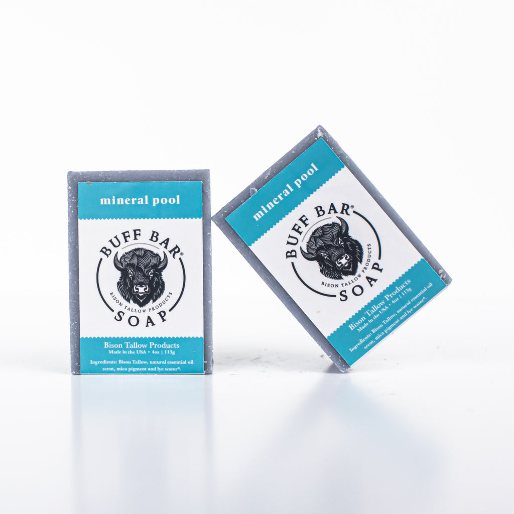 Buff Bar All Natural Soap packaging featuring the Mineral Pool Fragrance with a bison illustration on a white background.