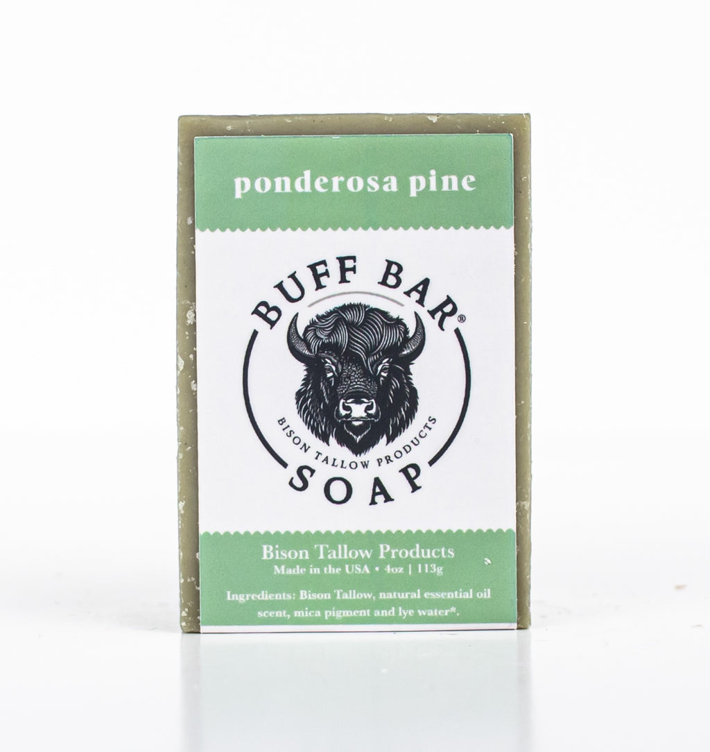 Buff Bar All Natural Soap packaging featuring the Ponderosa Pine Fragrance with a bison illustration on a white background.