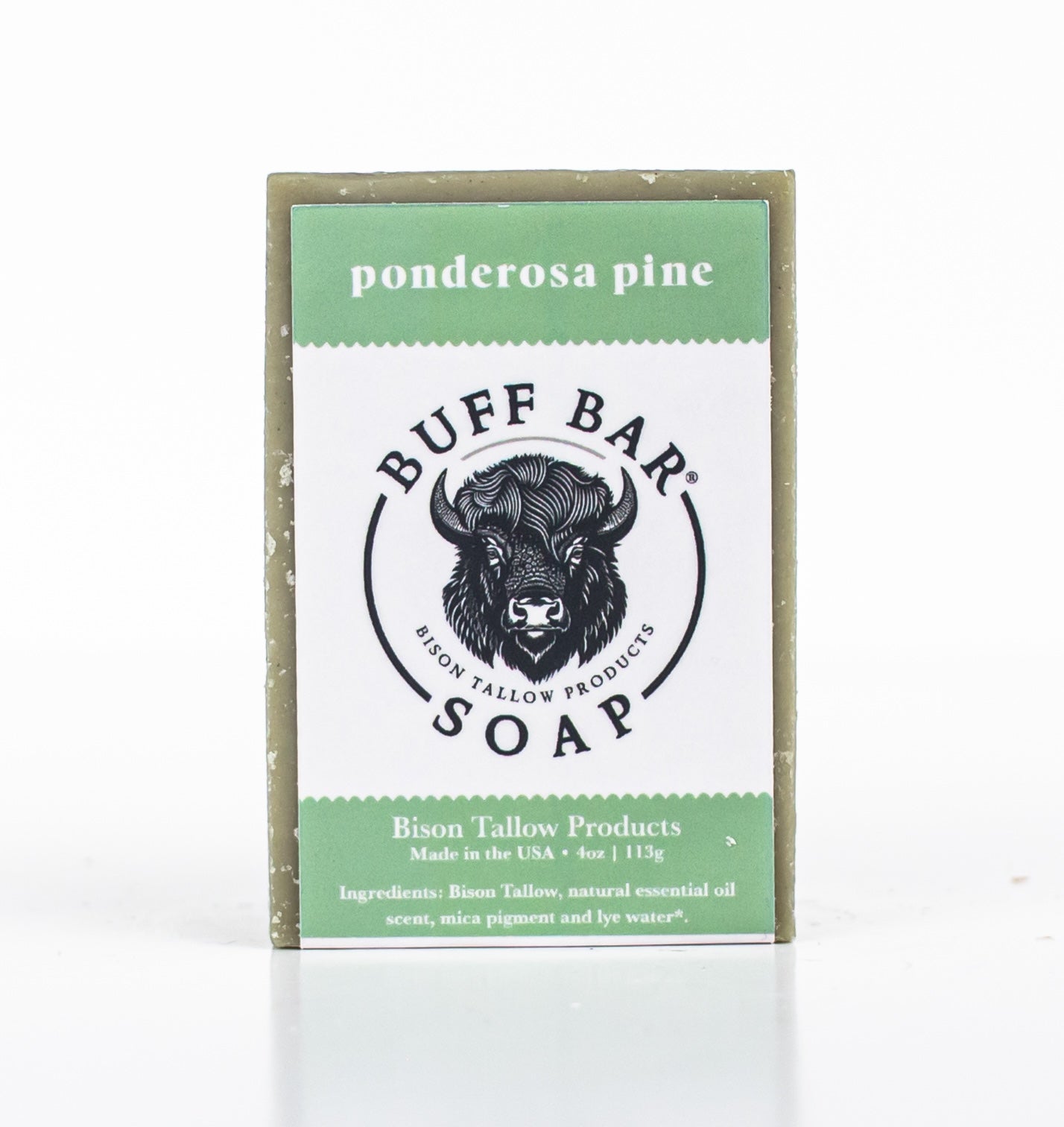 Buff Bar All Natural Soap packaging featuring the Ponderosa Pine Fragrance with a bison illustration on a white background.