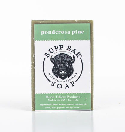 Buff Bar All Natural Soap packaging featuring the Ponderosa Pine Fragrance with a bison illustration on a white background.