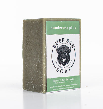 Buff Bar All Natural Soap packaging featuring the Ponderosa Pine Fragrance with a bison illustration on a white background.