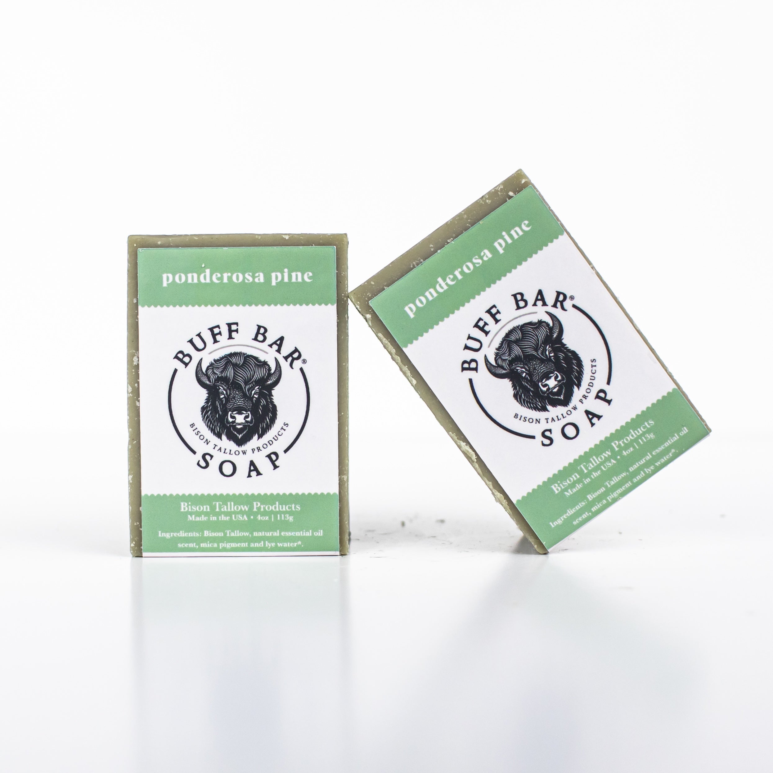 Buff Bar All Natural Soap packaging featuring the Ponderosa Pine Fragrance with a bison illustration on a white background.