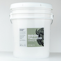 White bucket labeled 'Bison Tallow Cooking Oil' on a white background