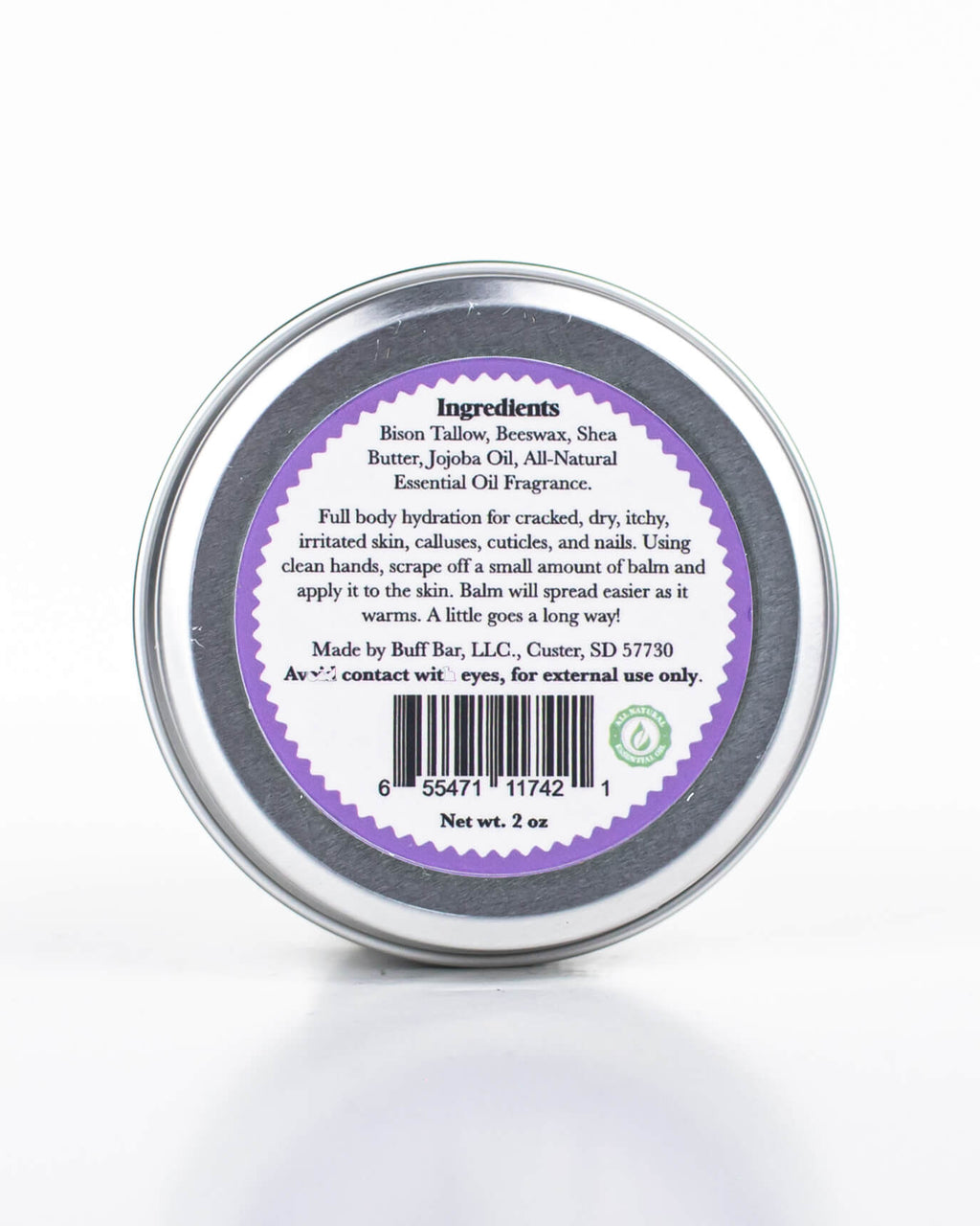 Buff Bar All-natural body balm in a tin and label featuring the Lavender Mint fragrance and the Buff Bar Bison illustration. The tin is on a white background.