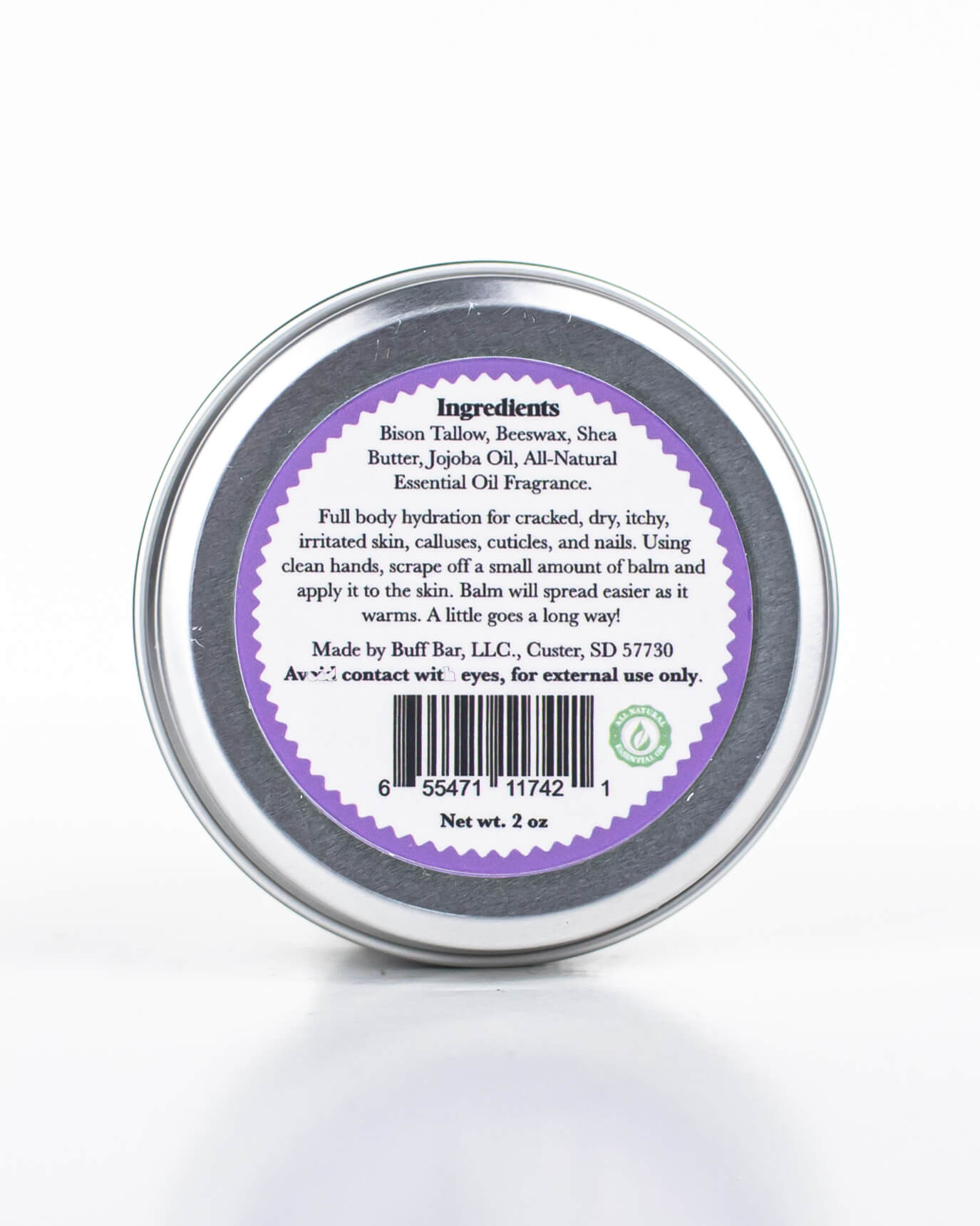 Buff Bar All-natural body balm in a tin and label featuring the Lavender Mint fragrance and the Buff Bar Bison illustration. The tin is on a white background.