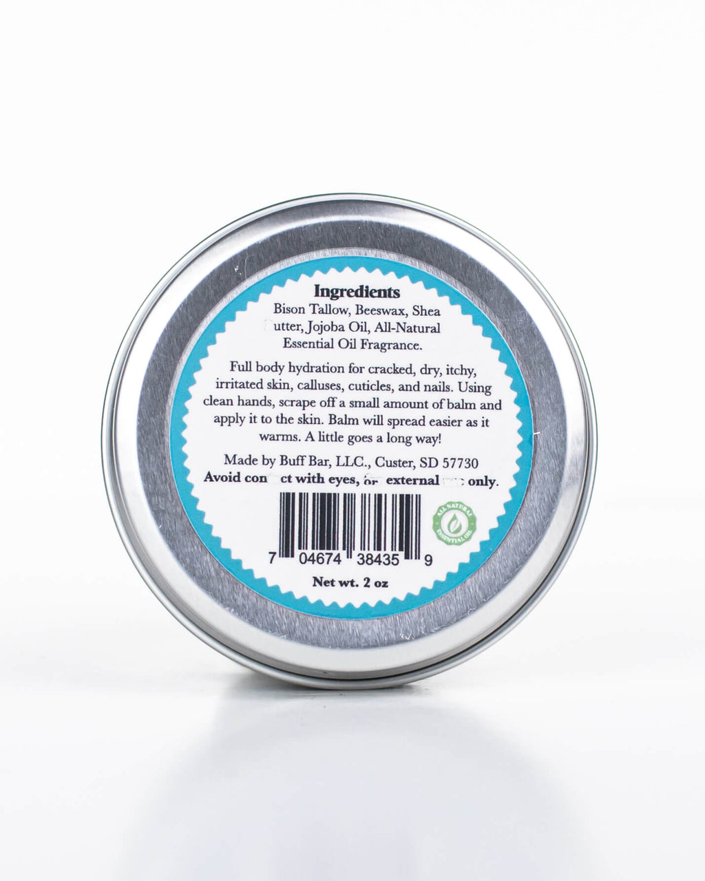 Buff Bar All-natural body balm in a tin and label featuring the Mineral Pool fragrance and the Buff Bar Bison illustration. The tin is on a white background.