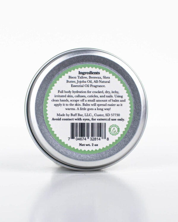 Buff Bar All-natural body balm in a tin and label featuring the Ponderosa Pine fragrance and the Buff Bar Bison illustration. The tin is on a white background.