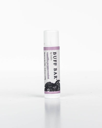 One tube of Buff Bar All-Natural lip balm featuring the Vanilla Peppermint Fragrance on a white background.