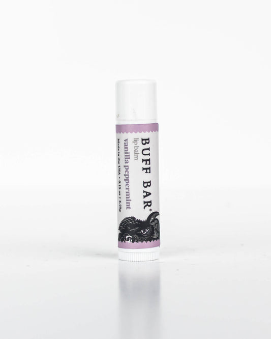 One tube of Buff Bar All-Natural lip balm featuring the Vanilla Peppermint Fragrance on a white background.