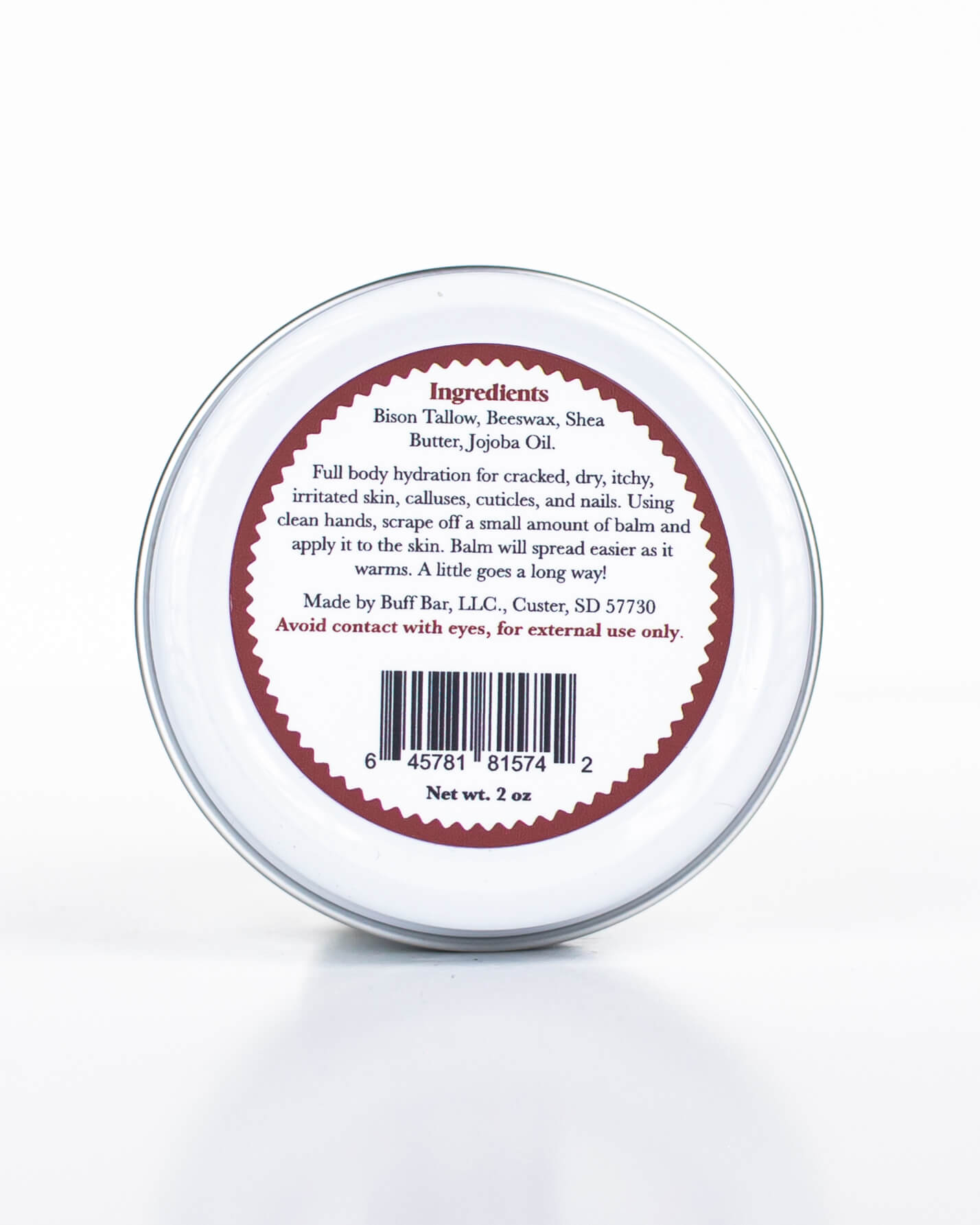 Buff Bar All-natural body balm in a tin and label featuring the Unscented fragrance and the Buff Bar Bison illustration. The tin is on a white background.