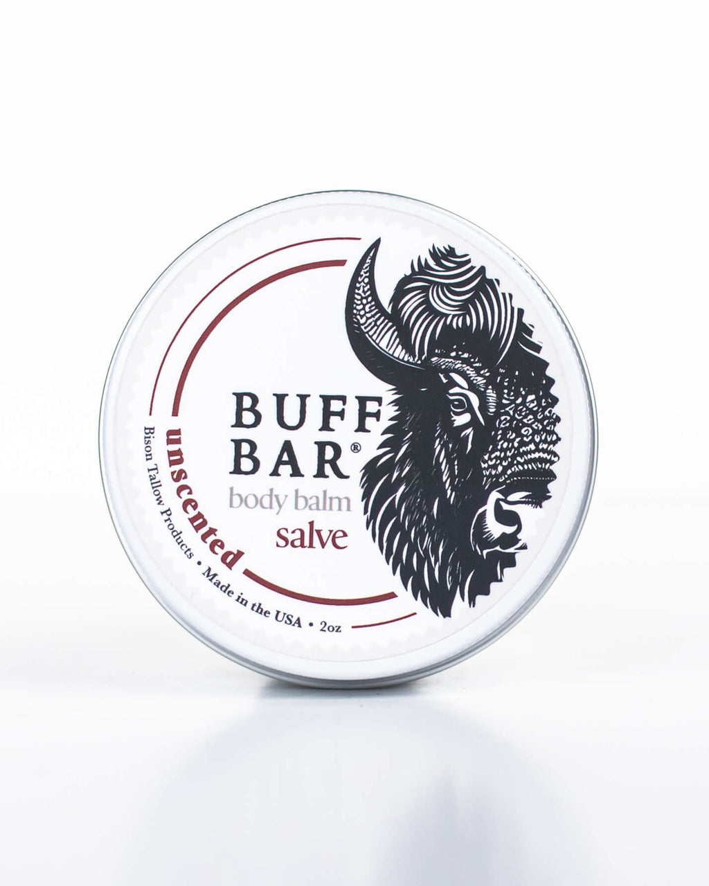 Buff Bar All-natural body balm in a tin and label featuring the Unscented fragrance and the Buff Bar Bison illustration. The tin is on a white background.