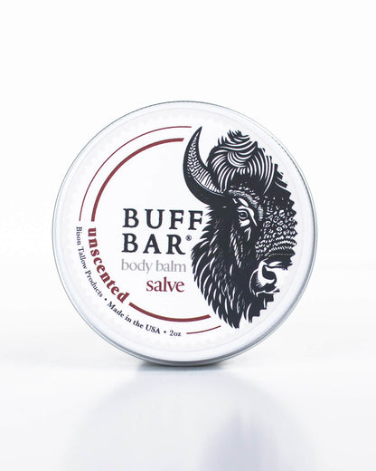 Buff Bar All-natural body balm in a tin and label featuring the Unscented fragrance and the Buff Bar Bison illustration. The tin is on a white background.