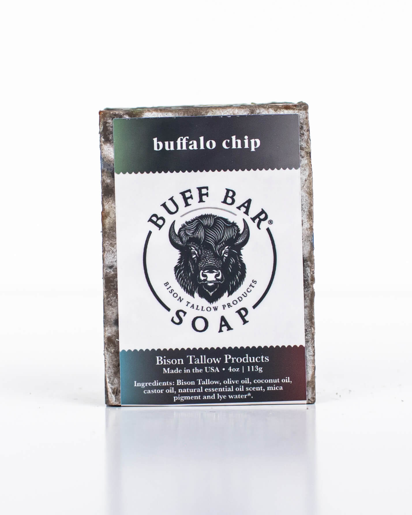 Buff Bar All Natural Soap packaging featuring the Buffalo Chip Fragrance with a bison illustration on a white background.