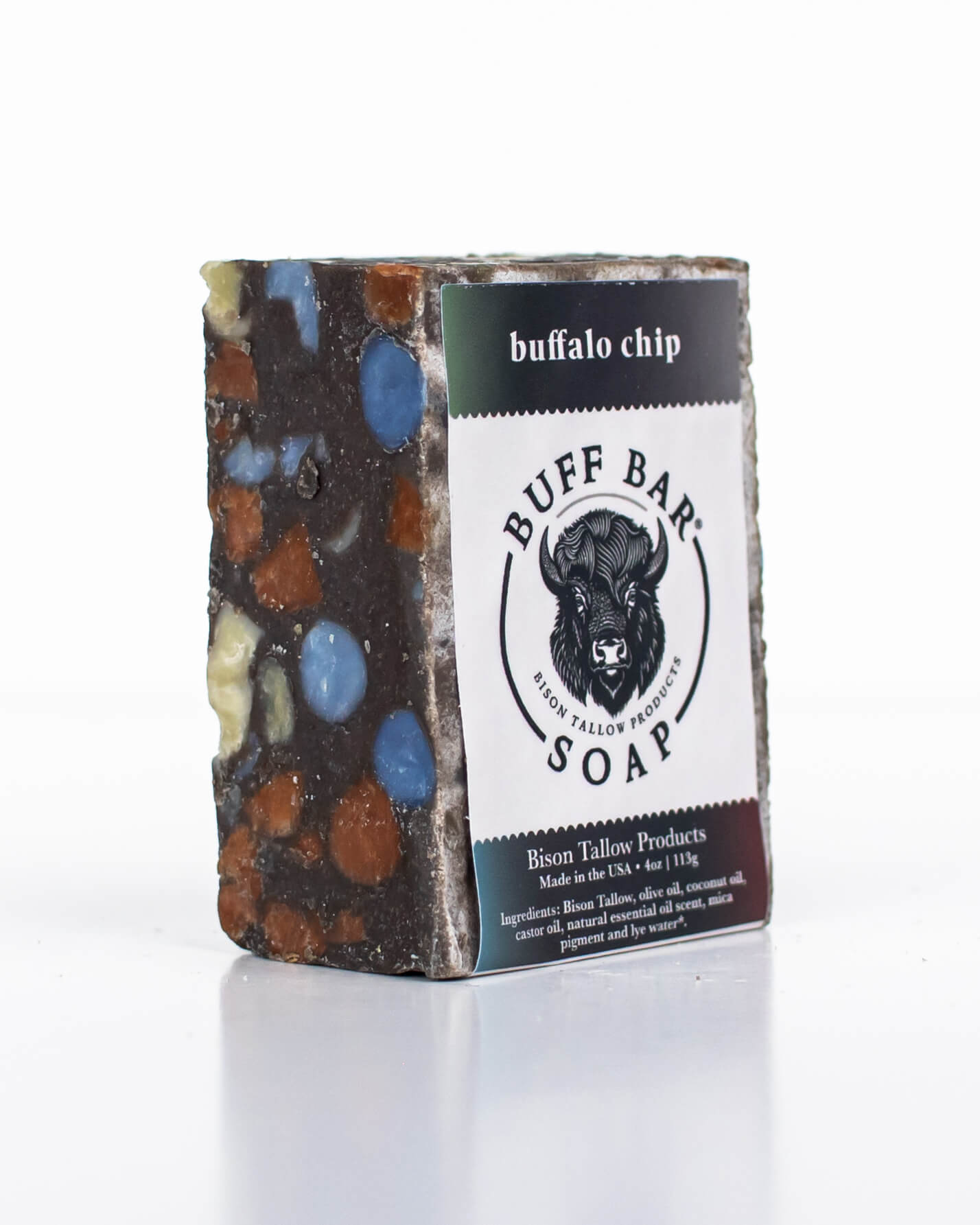Buff Bar All Natural Soap packaging featuring the Buffalo Chip Fragrance with a bison illustration on a white background.