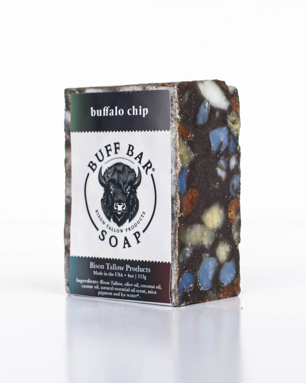 Buff Bar All Natural Soap packaging featuring the Buffalo Chip Fragrance with a bison illustration on a white background.