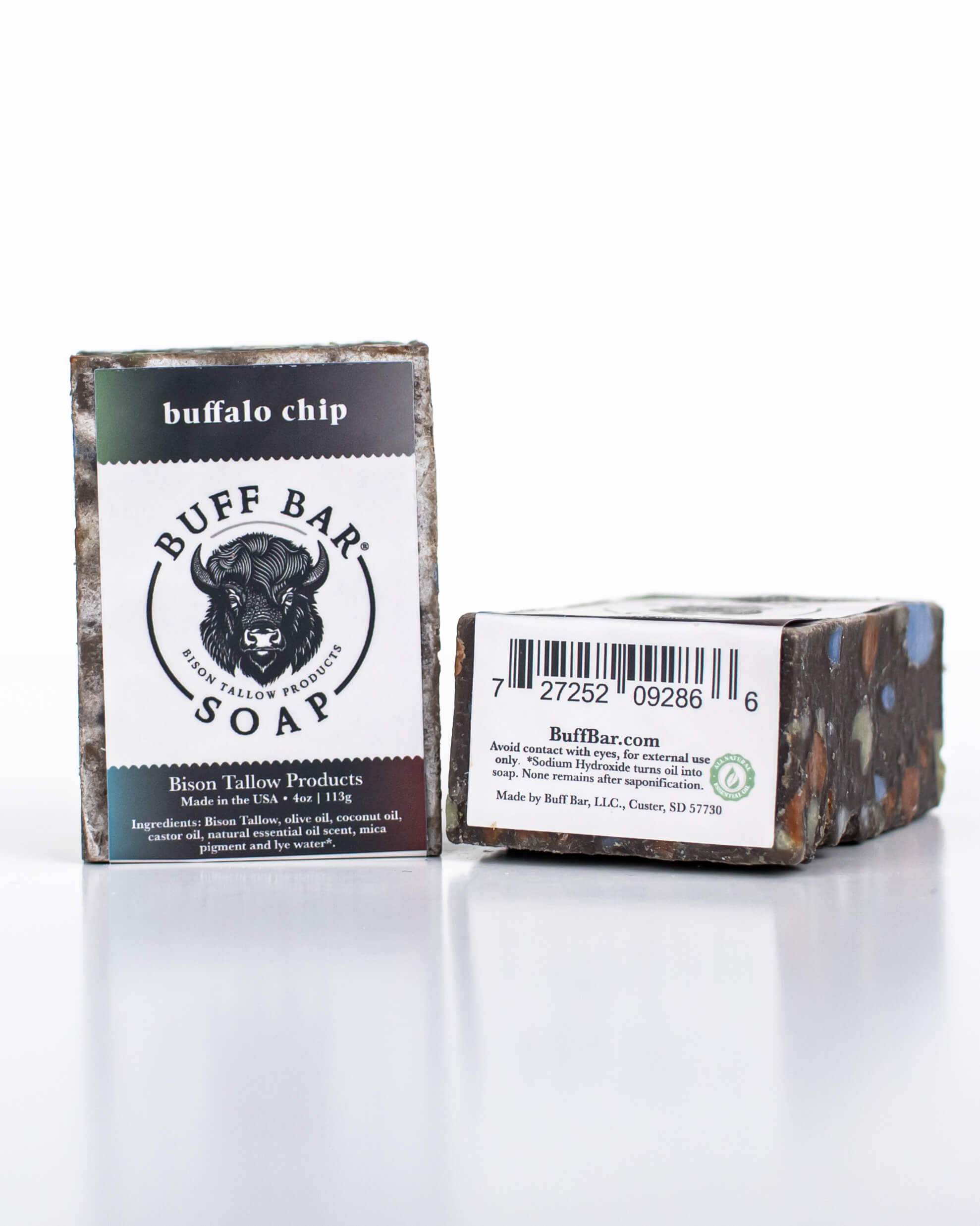Buff Bar All Natural Soap packaging featuring the Buffalo Chip Fragrance with a bison illustration on a white background.