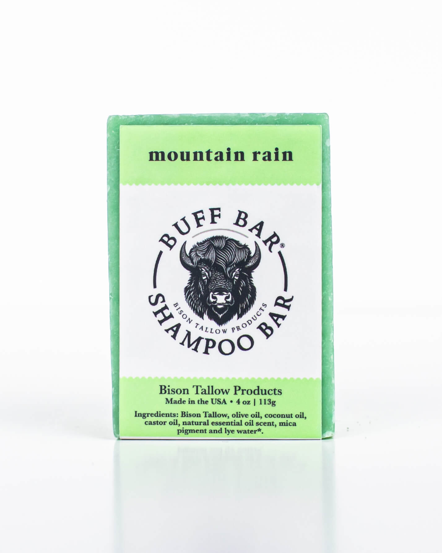 Buff Bar All Natural Soap packaging featuring the Mountain Rain Fragrance with a bison illustration on a white background.