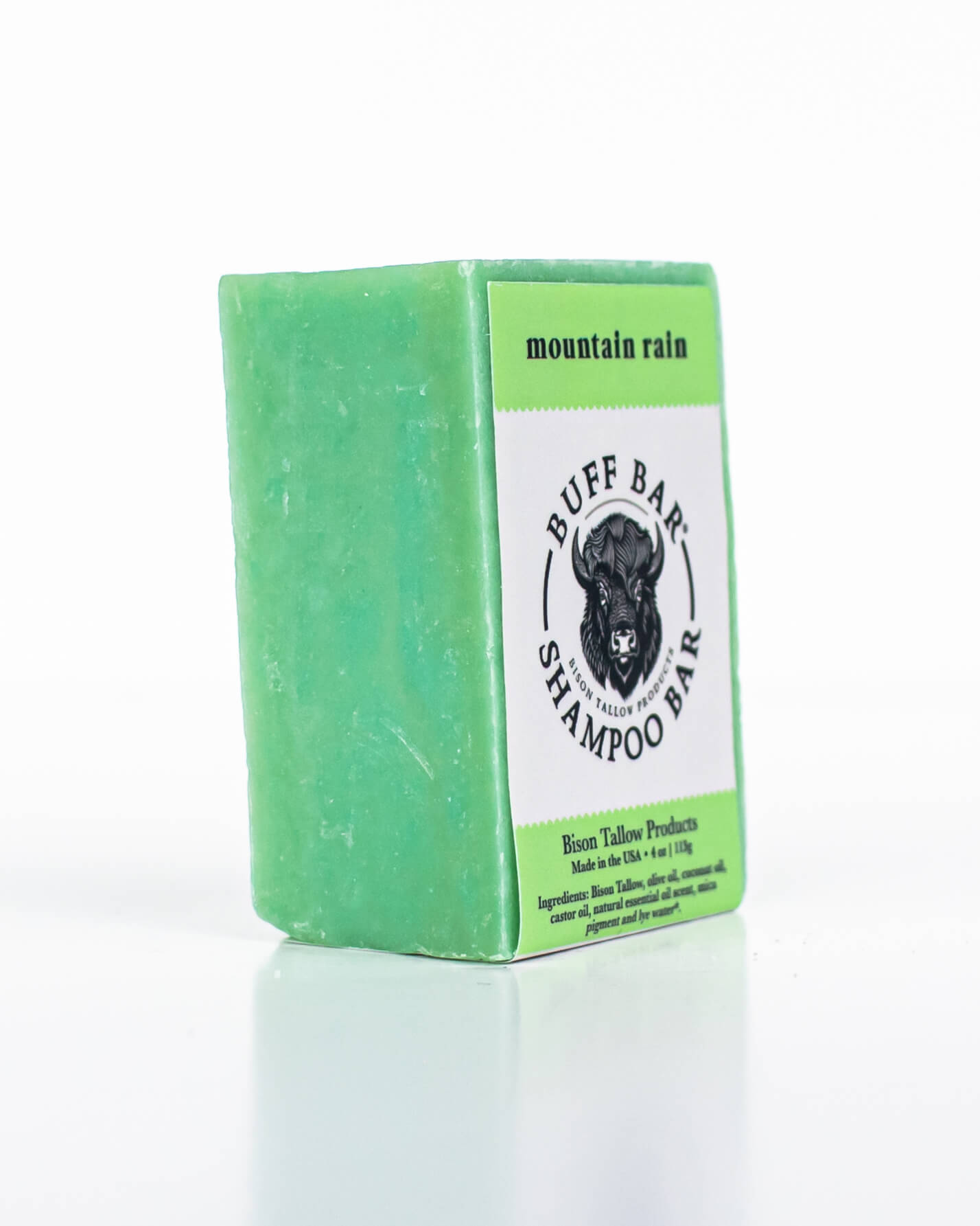 Buff Bar All Natural Soap packaging featuring the Mountain Rain Fragrance with a bison illustration on a white background.