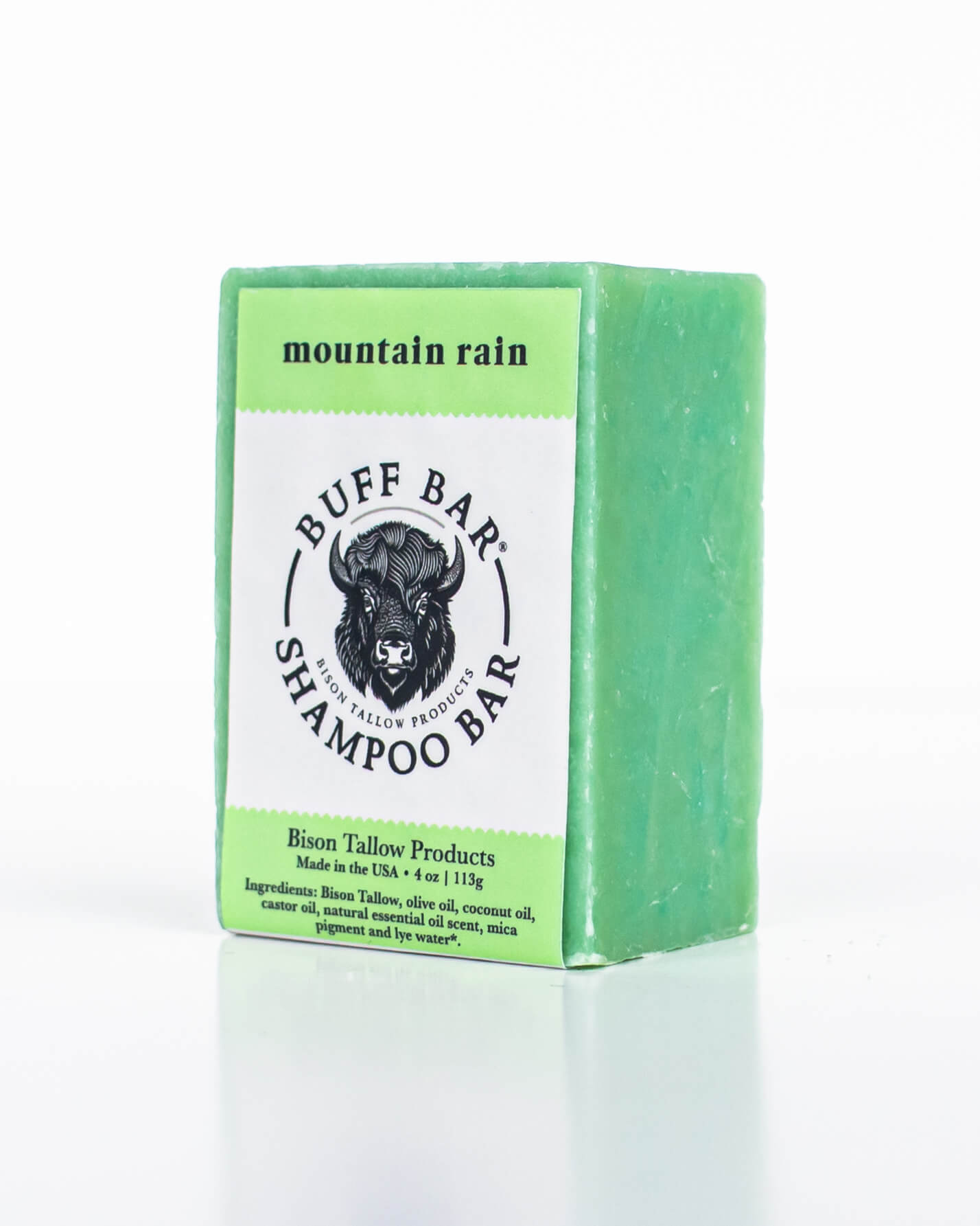Buff Bar All Natural Soap packaging featuring the Mountain Rain Fragrance with a bison illustration on a white background.