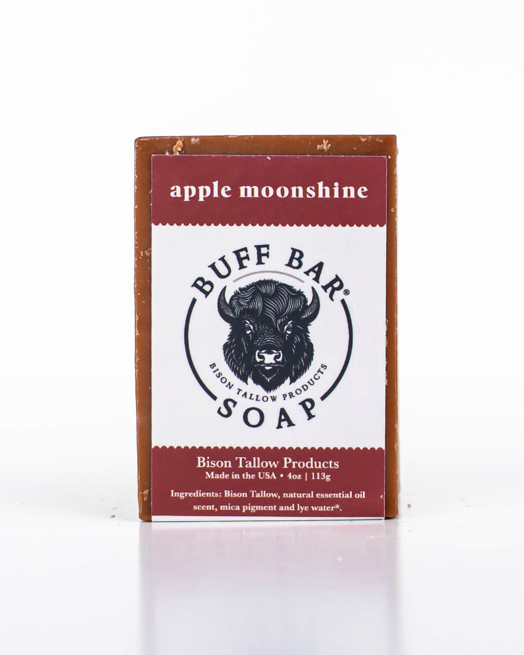Buff Bar All Natural Soap packaging featuring the Apple Moonshine Fragrance with a bison illustration on a white background.