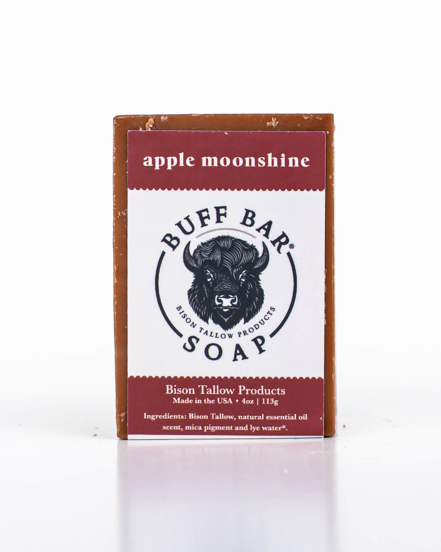 Buff Bar All Natural Soap packaging featuring the Apple Moonshine Fragrance with a bison illustration on a white background.