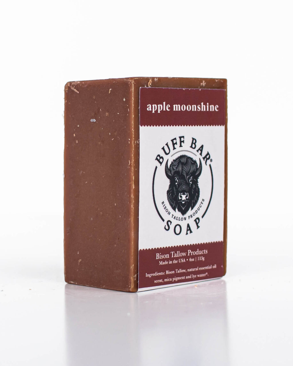 Buff Bar All Natural Soap packaging featuring the Apple Moonshine Fragrance with a bison illustration on a white background.