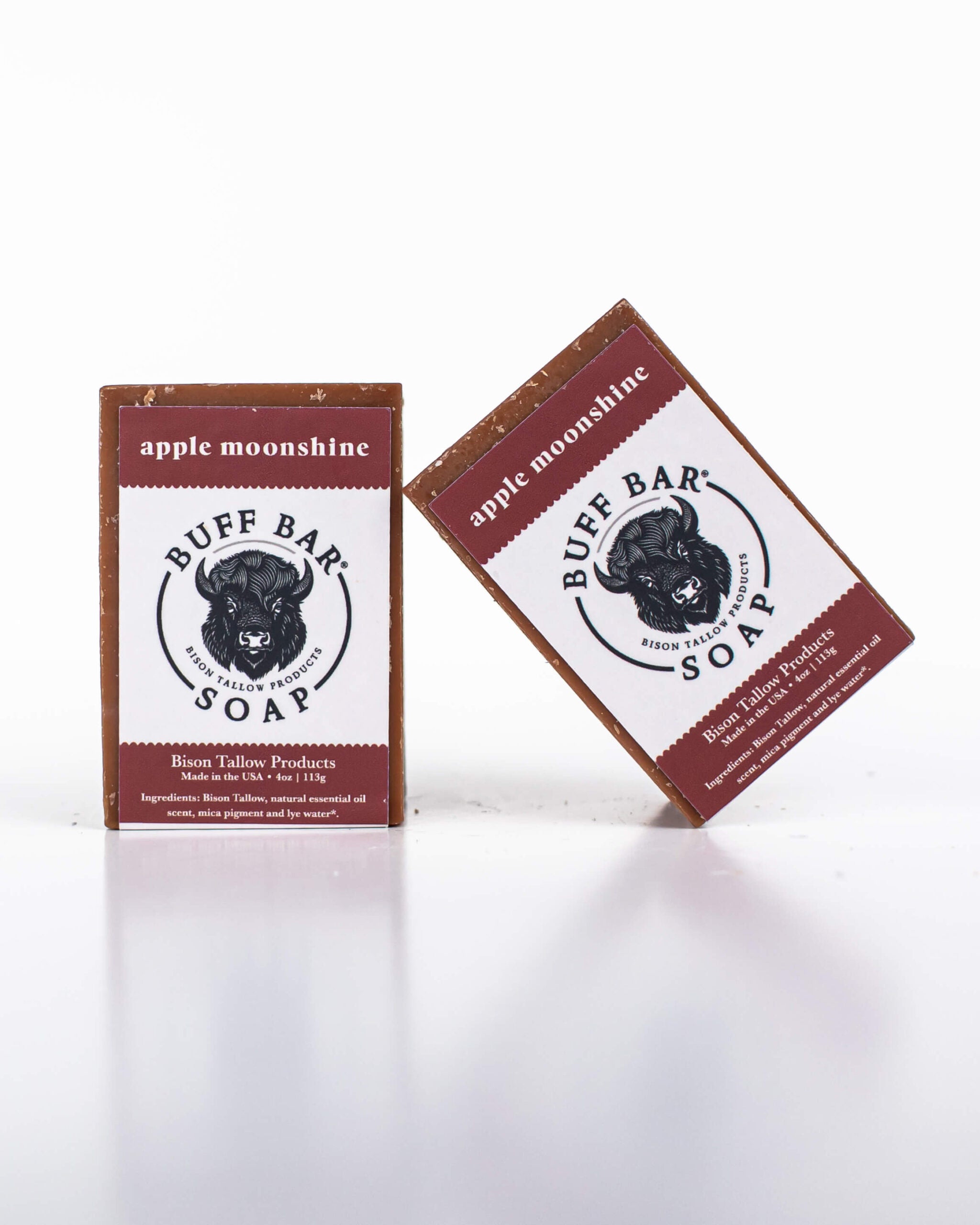 Buff Bar All Natural Soap packaging featuring the Apple Moonshine Fragrance with a bison illustration on a white background.