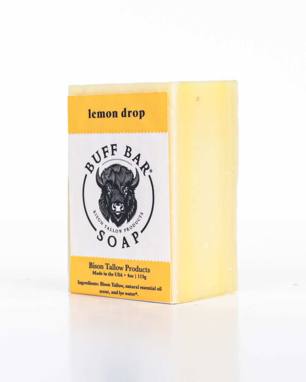 Buff Bar All Natural Soap packaging featuring the Lemon Drop Fragrance with a bison illustration on a white background.
