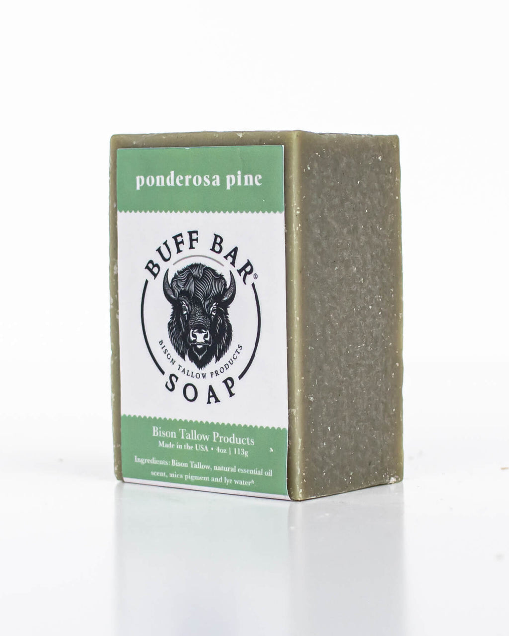 Buff Bar All Natural Soap packaging featuring the Ponderosa Pine Fragrance with a bison illustration on a white background.