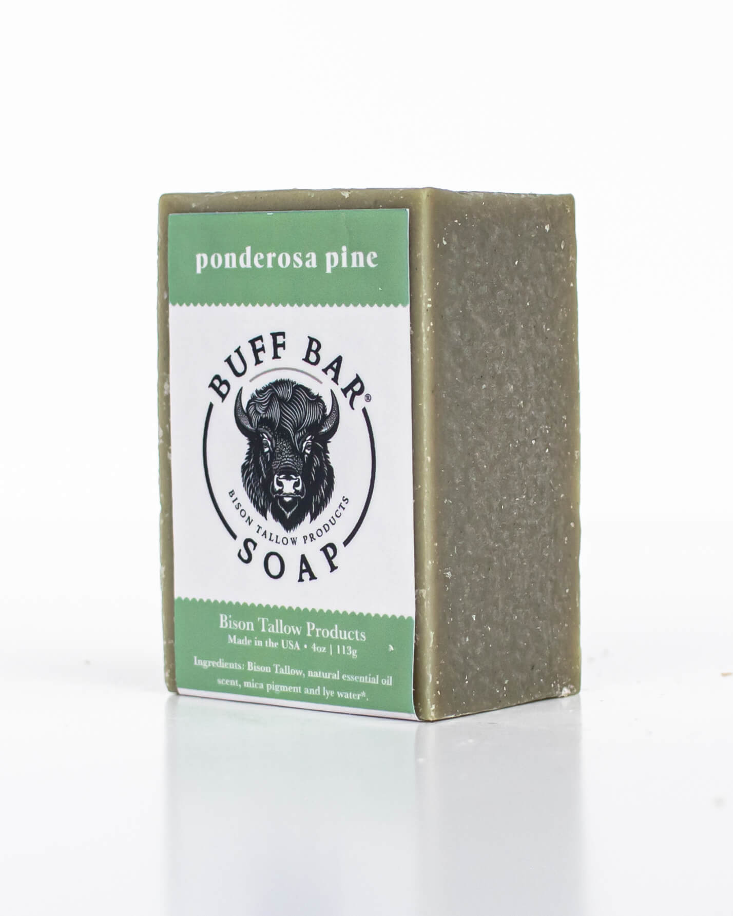 Buff Bar All Natural Soap packaging featuring the Ponderosa Pine Fragrance with a bison illustration on a white background.