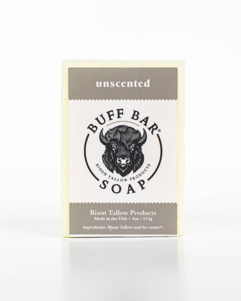 Buff Bar All Natural Soap packaging featuring the Unscented Fragrance with a bison illustration on a white background.