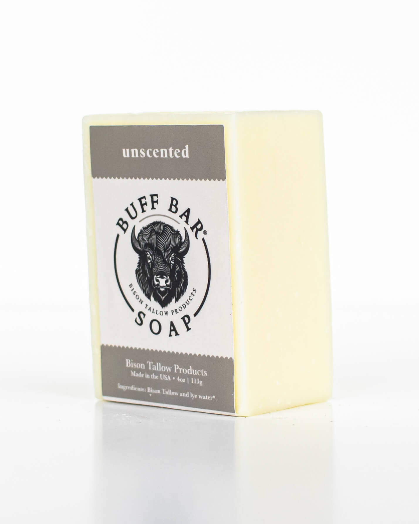 Buff Bar All Natural Soap packaging featuring the Unscented Fragrance with a bison illustration on a white background.