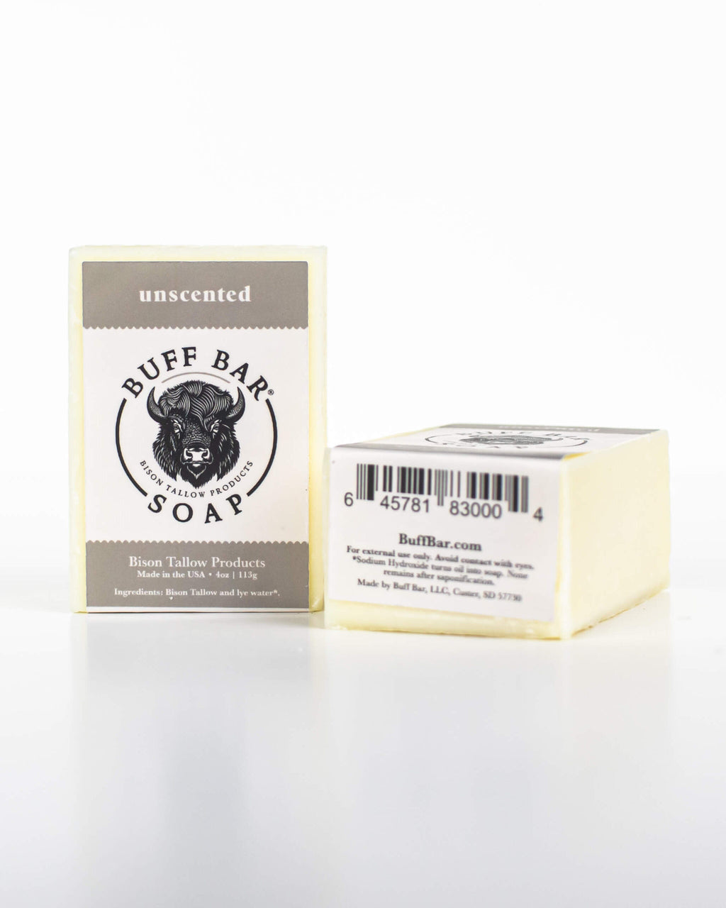 Buff Bar All Natural Soap packaging featuring the Unscented Fragrance with a bison illustration on a white background.